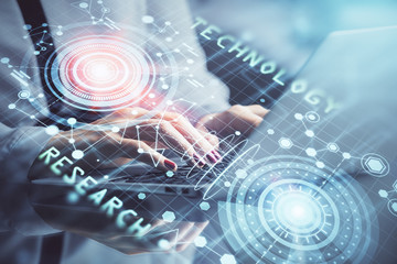 Multi exposure of woman hands working on computer and data theme hologram drawing. Tech concept.