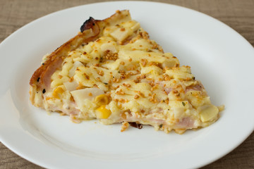 Food plate of pizza. Dish showing italian typical recipe. On rustic wooden table.