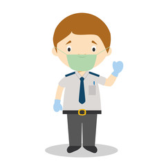 Cute cartoon vector illustration of a bus driver with surgical mask and latex gloves as protection against a health emergency
