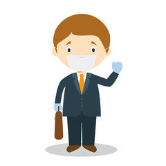 Cute cartoon vector illustration of a businessman with surgical mask and latex gloves as protection against a health emergency