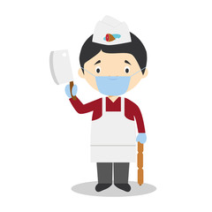 Cute cartoon vector illustration of a butcher with surgical mask and latex gloves as protection against a health emergency