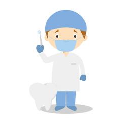 Cute cartoon vector illustration of a dentist with surgical mask and latex gloves as protection against a health emergency