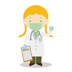 Cute cartoon vector illustration of a female doctor with surgical mask and latex gloves as protection against a health emergency