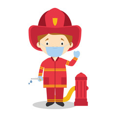 Cute cartoon vector illustration of a firefighter with surgical mask and latex gloves as protection against a health emergency