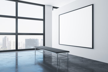 Minimalistic exhibition hall interior with blank banner