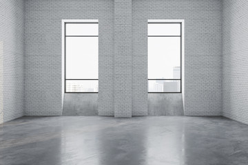 Contemporary gallery interior with white brick wall