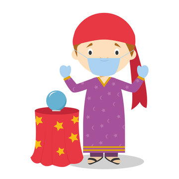 Cute cartoon vector illustration of a fortune teller with surgical mask and latex gloves as protection against a health emergency