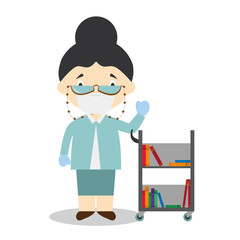 Cute cartoon vector illustration of a librarian with surgical mask and latex gloves as protection against a health emergency