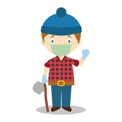 Cute cartoon vector illustration of a lumberjack with surgical mask and latex gloves as protection against a health emergency