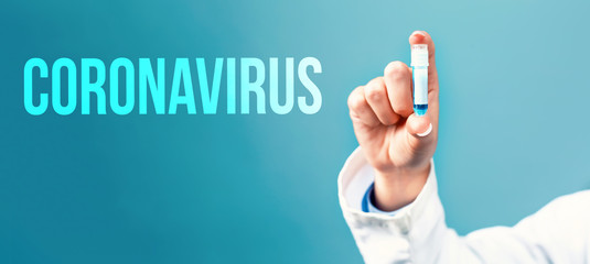 Coronavirus theme with a doctor holding a laboratory vial on a blue background