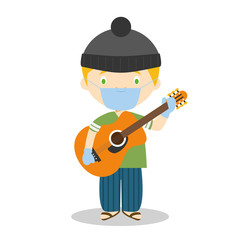 Cute cartoon vector illustration of a musician with surgical mask and latex gloves as protection against a health emergency