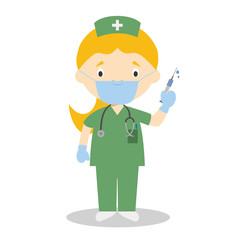 Cute cartoon vector illustration of a nurse with surgical mask and latex gloves as protection against a health emergency