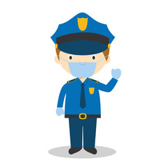 Cute cartoon vector illustration of a policeman with surgical mask and latex gloves as protection against a health emergency