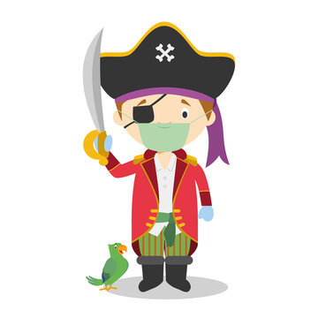 Cute cartoon vector illustration of a pirate with surgical mask and latex gloves as protection against a health emergency