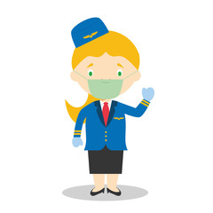 Cute cartoon vector illustration of a stewardess with surgical mask and latex gloves as protection against a health emergency
