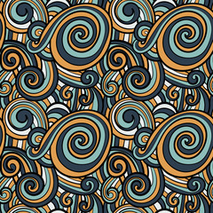 Abstract hand drawn doodle thin line wavy seamless pattern. Curly linear sky or sea messy background. Vector illustration. 