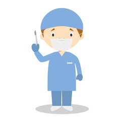 Cute cartoon vector illustration of a surgeon with surgical mask and latex gloves as protection against a health emergency