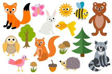 Cute cartoon set of woodland animals isolated on white background.  Fox and hedgehog, owl and rabbit, bear and raccoon, bee and butterfly, golden fish and bird, squirrel and sun, trees, mushrooms.  