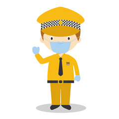 Cute cartoon vector illustration of a taxi driver with surgical mask and latex gloves as protection against a health emergency