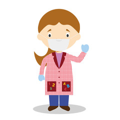 Cute cartoon vector illustration of a female teacher with surgical mask and latex gloves as protection against a health emergency