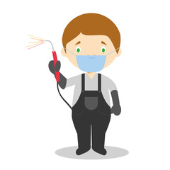 Cute cartoon vector illustration of a welder with surgical mask and latex gloves as protection against a health emergency
