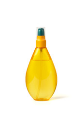 Transparent orange bottle on a white background that can be used for storing: alcohol solutions to protect against viruses and bacteria, gels, sprays, solutions, and cosmological products. For your