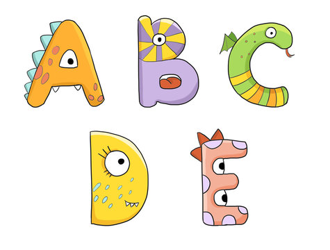 Cute monster dinosaur children alphabet abc isolated on white background letters a b c d e green orange purple yellow pink