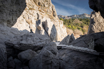 The rock in Crimea. The place on Black sea. Backpacker on nature.