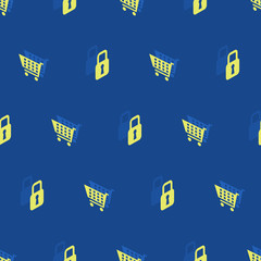 Seamless isometric style pattern on the theme of safe shopping with the image of yellow food and lock carts on a blue background. Easy to edit, repaint, separate background.