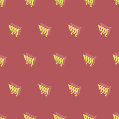 Seamless isometric style pattern on a shopping theme with the image of yellow food carts on a pink background. Easy to edit, repaint, separate background.