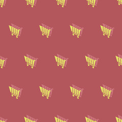 Seamless isometric style pattern on a shopping theme with the image of yellow food carts on a pink background. Easy to edit, repaint, separate background.