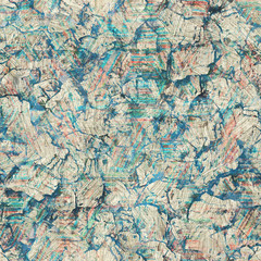 Seamless mixed media collage design in old aged worn look. Intricate design overlaid, mottled, and distressed on grungy texture. Seamless repeat raster jpg pattern swatch.