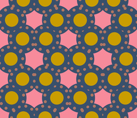 Colorful cartoon geometric seamless pattern with dots, circles. Geo background. Vector illustration. 