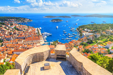 Coastal summer landscape - top view of the City Harbour and marina of the town of Hvar from the...