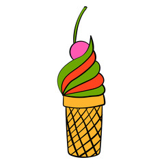 Cartoon doodle ice cream in cone with cherry isolated on white background. Vector illustration. 
