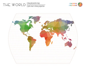 Polygonal world map. John Muir's Times projection of the world. Colorful colored polygons. Stylish vector illustration.