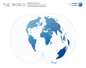 Abstract world map. American polyconic projection of the world. Blue shades colored polygons. Beautiful vector illustration.