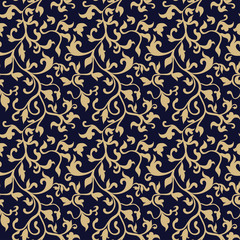 Wallpaper in the style of Baroque, damask. A seamless vector background. Gold and blue-black ornament