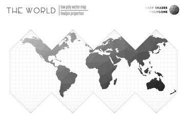 World map with vibrant triangles. HEALPix projection of the world. Grey Shades colored polygons. Creative vector illustration.