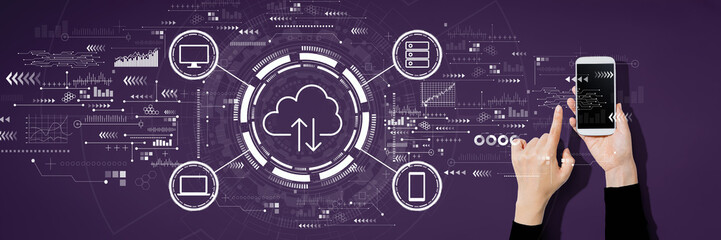 Cloud computing with person using a white smartphone
