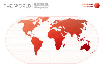 World map with vibrant triangles. Robinson projection of the world. Red Shades colored polygons. Amazing vector illustration.
