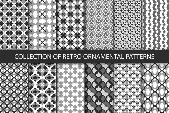 Retro pattern collection. Vector set of 12 monochrome ornamental backgrounds