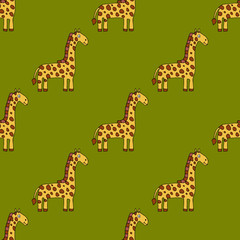 Obraz premium Cartoon doodle linear giraffe seamless pattern. Safari animal background. Childlike style. Vector illustration 
