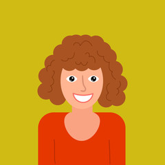 Cartoon happy young woman with curly hair in flat style isolated on yellow background. Avatar icon. Portrait. Vector illustration. 