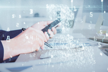 Multi exposure of man's hands holding and using a digital device and data theme drawing. Innovation concept.