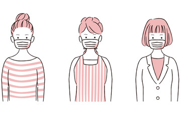 手描き1color マスクの女性　3人