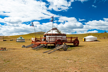 Fototapeta premium View of 13th century village in Gorkhi-Terelj National Park homeland of Genghis Khan and nomadic traditions