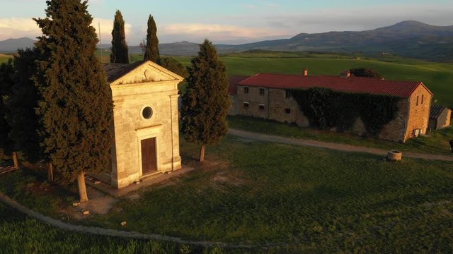 Capella Di Vitaleta in Tuscany. Aerial View. Tuscany Landscape