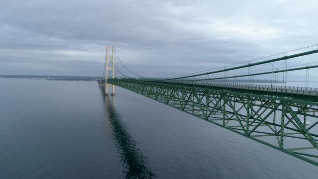 Aerial footage of Michigan's  Mackinac Bridge "Mighty Mac"at sunset.