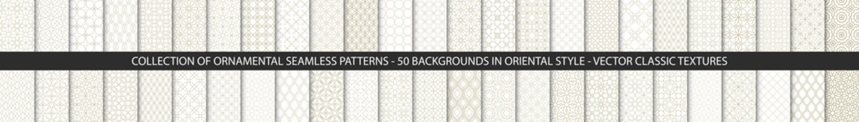 Super Big set of 50 oriental patterns. White and gold background with Arabic ornaments. Patterns, backgrounds and wallpapers for your design. Textile ornament. Vector illustration.